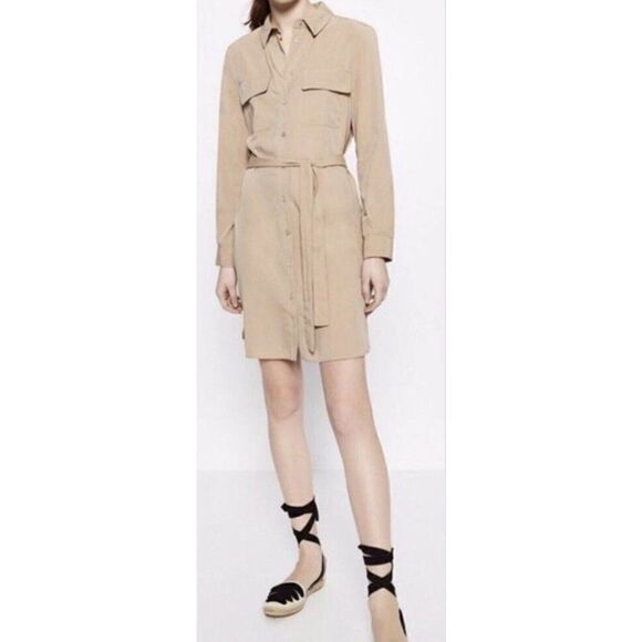 zara womens solid beige camel long sleeve mini shirt dress xs - Picture 1 of 3